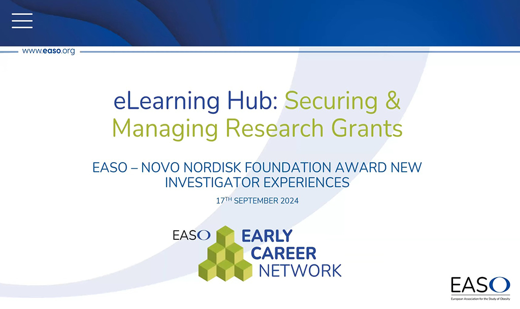 Slide titled "eLearning Hub: Securing & Managing Research Grants" from the EASO Early Career Network, dated 17th September 2024. Includes logos for EASO, Novo Nordisk Foundation Award.