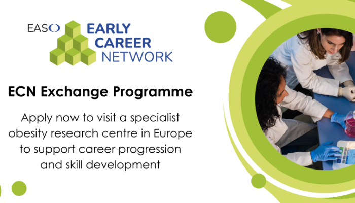 Promotion for EASO Early Career Network's ECN Exchange Programme, highlighting obesity research opportunities in Europe for career progression and skill development.