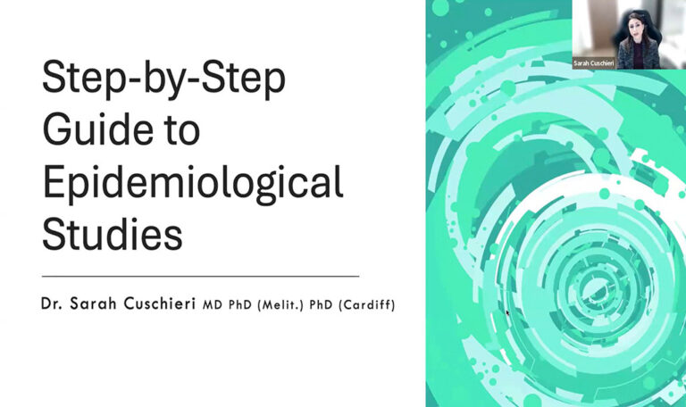 Title slide for a presentation called "Step-by-Step Guide to Epidemiological Studies" by Dr. Sarah Cuschieri, featuring abstract green circles on the right.
