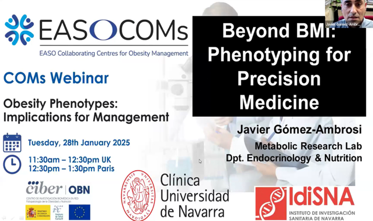 Webinar poster titled "Beyond BMI: Phenotyping for Precision Medicine" with details about timing and speaker, Javier Gómez-Ambrosi from the Clínica Universidad de Navarra.