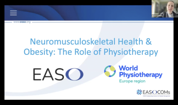 Presentation slide titled "Neuromusculoskeletal Health & Obesity: The Role of Physiotherapy" with logos for EASO and World Physiotherapy Europe.