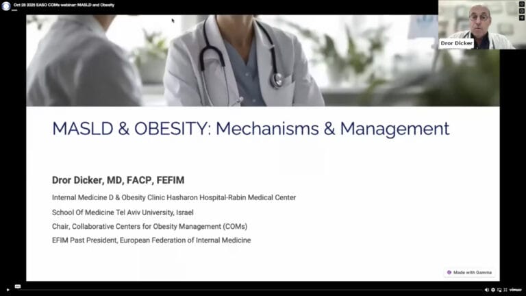 Presentation slide titled "MASLD & OBESITY: Mechanisms & Management" by Dr. Or Rogoff, with credentials and institutional affiliations listed, and a blurred background image of medical professionals.