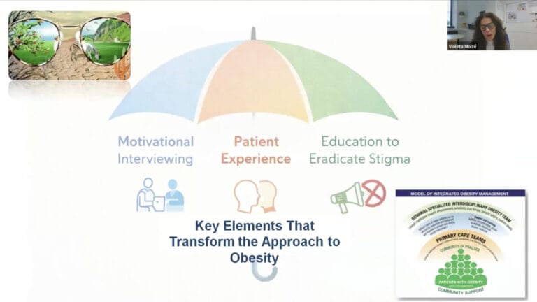 Infographic with an umbrella labeled "Patient Experience" covering "Motivational Interviewing" and "Education to Eradicate Stigma" as key elements in transforming the approach to obesity.